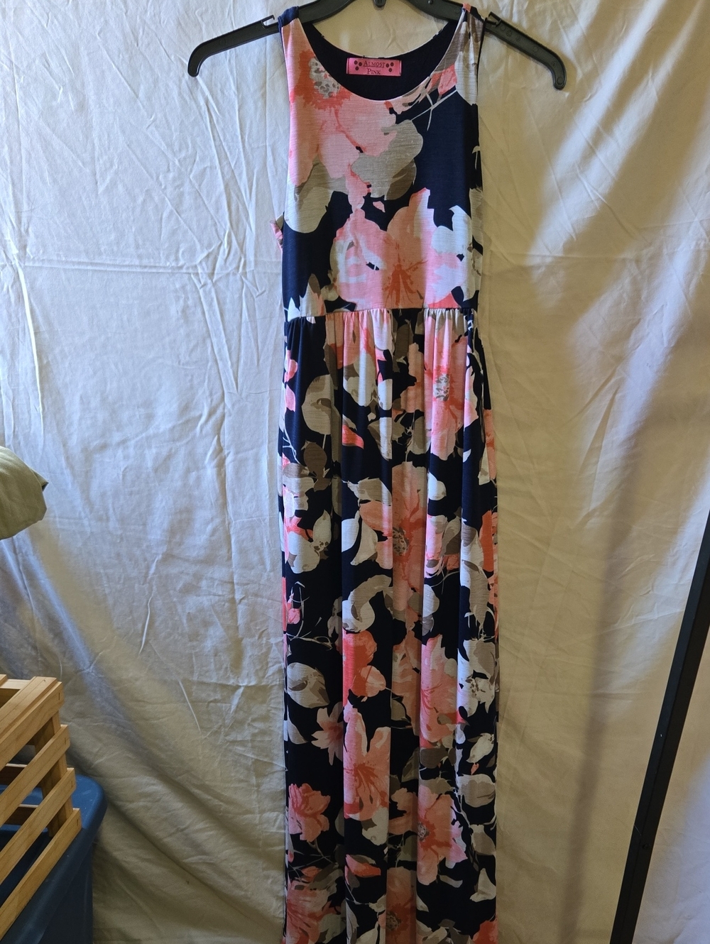 Navy Floral Maxi Dress with Pink & Cream Blooms